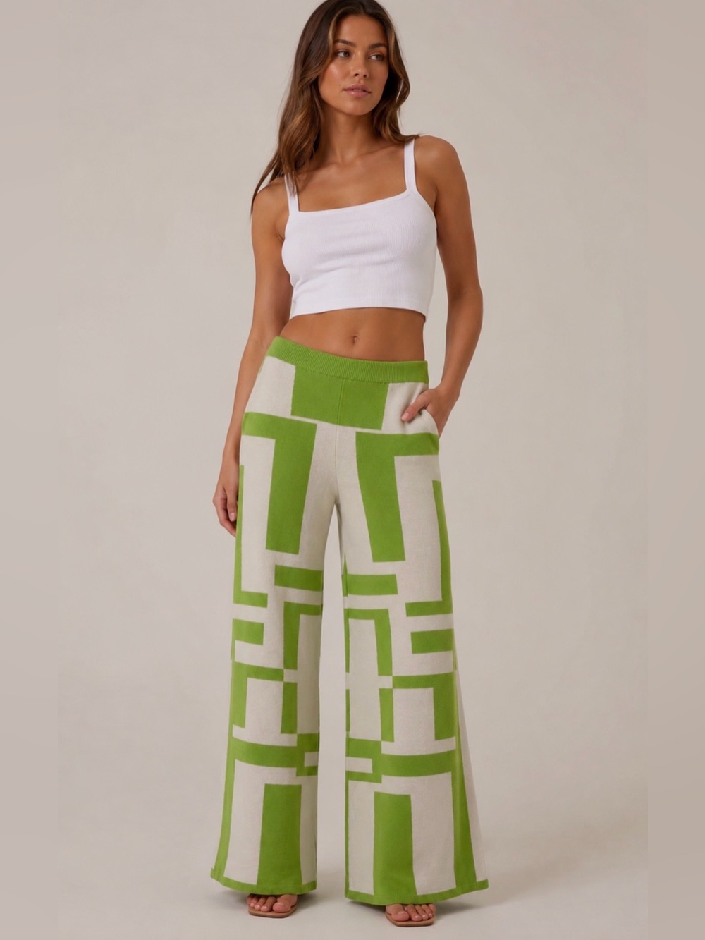 Princess Polly Green White Graphic Knit Flare Pants L/XL 70s Dopamine